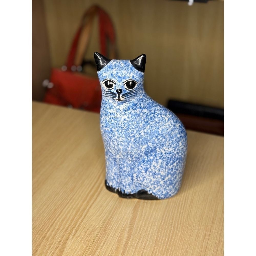 Blue and White Sponged Ceramic Cat Figurine Mid Century Modern Style Decor